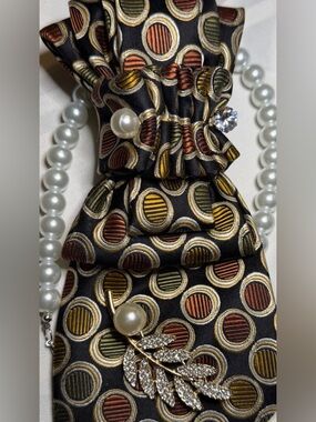 Tie Necklace with Pearl Accent -  Black Multicolor Circle